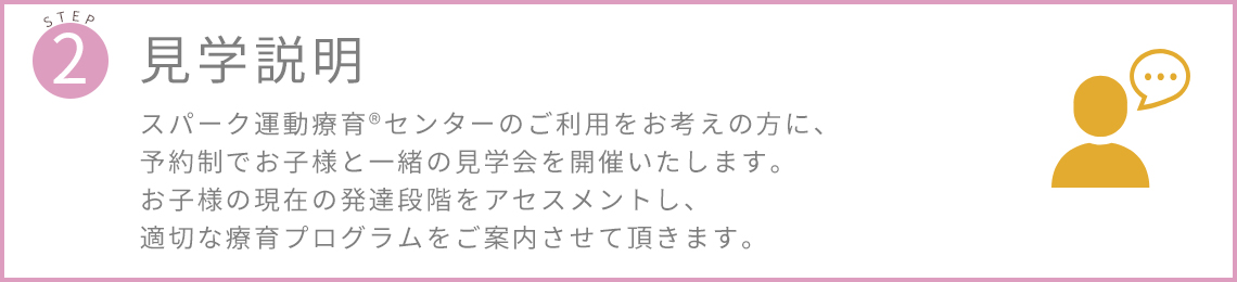 スパーク運動療育R?センターのご利用をお考えの方に、
							予約制でお子様と一緒の見学会を開催いたします。お子様の現在の発達段階をアセスメントし、適切な療育プログラムをご案内させて頂きます。