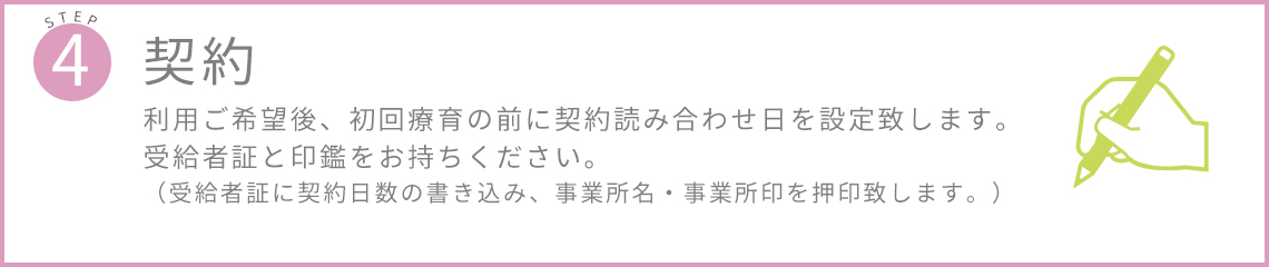 利用ご希望後、初回療育の前に契約読み合わせ日を設定致します。受給者証と印鑑をお持ちください。